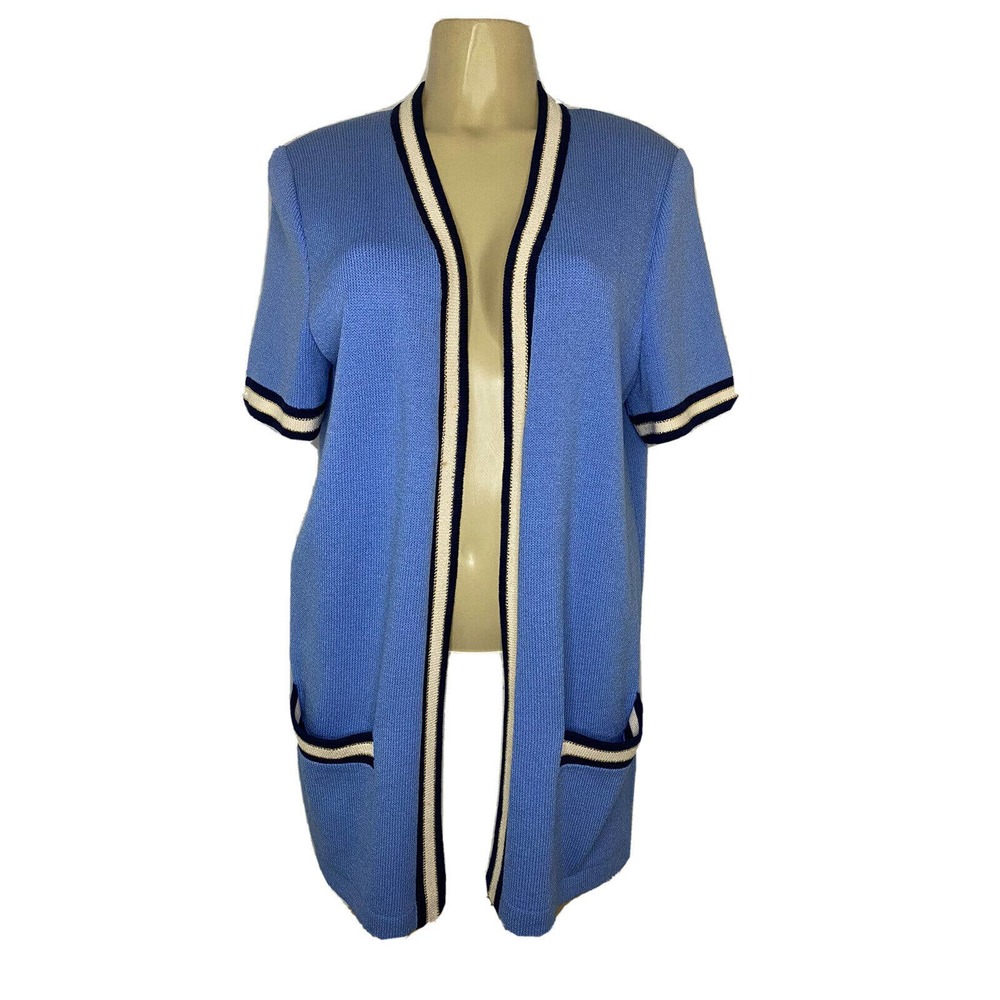 St John Santana Knit Open Jacket Cardigan Sweater Blazer Blue Short Slee…